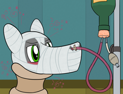 Size: 2048x1556 | Tagged: safe, artist:wingcommanderrudoji, imported from derpibooru, oc, oc only, oc:contrail, earth pony, pony, alcohol, bandage, drunk, drunk bubbles, feeding tube, hospital, injured, medical bondage, neck brace, wine, wine bottle