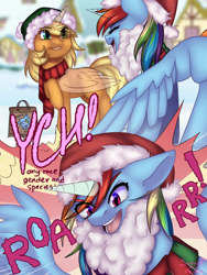 Size: 1500x2000 | Tagged: safe, artist:avrameow, artist:flysouldragon, artist:sinrinf, imported from derpibooru, applejack, rainbow dash, pony, advertisement, clothes, collaboration, comic, commission, fake beard, female, roar, santa beard, scarf, snow, winter, your character here