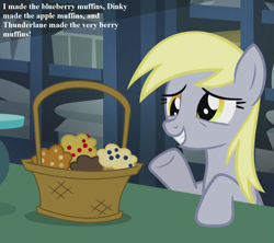 Size: 1215x1080 | Tagged: safe, edit, edited screencap, imported from derpibooru, screencap, derpy hooves, pony, slice of life (episode), basket, cropped, cute, derpabetes, female, implied dinky, implied thunderlane, muffin, post office, solo, speech, that pony sure does love muffins