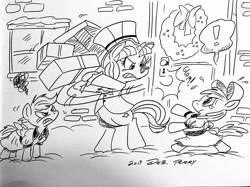 Size: 3694x2768 | Tagged: safe, artist:debmervin, imported from derpibooru, apple bloom, scootaloo, snowfall frost, starlight glimmer, earth pony, pegasus, pony, unicorn, a hearth's warming tail, boxes, hearth's warming eve, monochrome, wreath