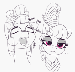 Size: 3516x3343 | Tagged: safe, artist:pabbley, imported from derpibooru, rainbow dash, zephyr breeze, pony, sparkle's seven, ..., alternate hairstyle, bored, bust, megaradash, partial color, rainbow dash is not amused, rambling, royal guard, royal guard zephyr breeze, scene interpretation, simple background, unamused, white background