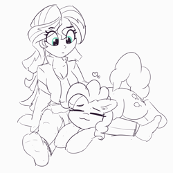 Size: 3788x3785 | Tagged: safe, artist:pabbley, imported from derpibooru, pinkie pie, sunset shimmer, earth pony, human, pony, equestria girls, clothes, cute, duo, feet, female, heart, lineart, lying on top of someone, mare, partial color, prone, simple background, socks, sploot, white background