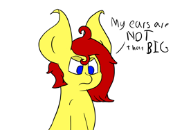 Size: 1600x1200 | Tagged: safe, artist:gamer-shy, imported from derpibooru, oc, oc only, oc:gamershy yellowstar, pony, angry, big ears, blatant lies, dialogue, hooked ears, messy mane, simple background, solo, white background