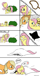 Size: 2000x3746 | Tagged: safe, artist:kristelpokemonfan, imported from derpibooru, applejack, fluttershy, earth pony, pegasus, pony, appleshy, blanket, blushing, bush, comic, dialogue, female, lasso, lesbian, mare, rope, shipping