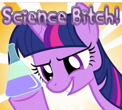 Size: 1217x1095 | Tagged: safe, imported from derpibooru, twilight sparkle, pony, unicorn, beaker, bitch, erlenmeyer flask, female, heart, hoof hold, mare, science, solo, sunburst background, text, this is for emphasis bitch, unicorn twilight, vulgar