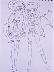 Size: 776x1030 | Tagged: safe, artist:alienpauline483, imported from derpibooru, oc, oc only, oc:black dawn, oc:midnight cakepowder, vampire, equestria girls, female, holding hands, lesbian, midnightdawn, oc x oc, shipping, traditional art