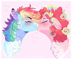 Size: 1000x820 | Tagged: safe, artist:wanderingpegasus, imported from derpibooru, pinkie pie, rainbow dash, earth pony, pegasus, pony, blushing, chest fluff, duo, ear fluff, eyes closed, female, heart, kiss on the lips, kissing, lesbian, mare, nuzzling, pinkiedash, shipping