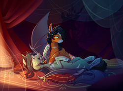 Size: 1831x1362 | Tagged: safe, artist:28gooddays, imported from derpibooru, queen chrysalis, oc, bat pony, changeling, changeling queen, earth pony, pony, bat pony oc, bed, disguise, disguised changeling, female, male, mare, on bed, pillow, prostitution, shadow, slit eyes, slit pupils, stallion