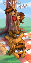 Size: 2000x4000 | Tagged: safe, artist:gicme, imported from derpibooru, oc, oc only, pegasus, pony, ants, basket, duo, female, filly, mare, picnic basket, picnic blanket, sigh, tree, unamused, ych result