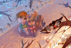 Size: 1280x866 | Tagged: safe, artist:peachmayflower, imported from derpibooru, oc, oc only, bat pony, bird, pony, bat pony oc, clothes, looking at something, scarf, snow, snowfall, tree, winter