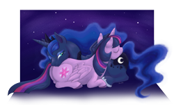 Size: 1131x707 | Tagged: safe, artist:housho, imported from derpibooru, princess luna, twilight sparkle, alicorn, pony, butt pillow, cuddling, female, freckles, lesbian, mare, shipping, smiling, twilight sparkle (alicorn), twiluna