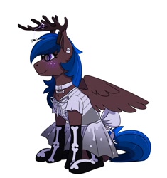 Size: 1600x1700 | Tagged: safe, artist:dragonfrootii, imported from derpibooru, oc, oc only, oc:kistile glow, pegasus, pony, antlers, clothes, collar, costume, crossdressing, femboy, glasses, male, reindeer antlers, simple background, skeleton costume, skirt, socks, solo, white background