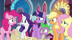 Size: 1920x1080 | Tagged: safe, imported from derpibooru, screencap, applejack, fluttershy, pinkie pie, rarity, spike, twilight sparkle, alicorn, dragon, earth pony, pegasus, pony, unicorn, between dark and dawn, female, freckles, looking at each other, male, mare, scroll, twilight sparkle (alicorn), winged spike, wings