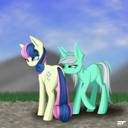 Size: 1536x1536 | Tagged: safe, artist:styroponyworks, imported from derpibooru, bon bon, lyra heartstrings, sweetie drops, earth pony, pony, unicorn, butt kiss, duo, female, horses doing horse things, kissing, lesbian, lyrabon, mare, pun, shipping, visual pun