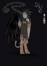 Size: 1000x1400 | Tagged: safe, artist:didun850, imported from derpibooru, oc, oc only, oc:chocolate cake, griffon, black sclera, clothes, glowing eyes, heterochromia, possessed, reference sheet, solo, sombra eyes