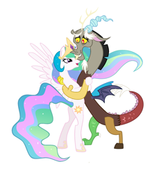 Size: 1384x1508 | Tagged: safe, derpibooru exclusive, edit, editor:proto29, imported from derpibooru, discord, princess celestia, alicorn, draconequus, pony, dislestia, female, male, shipping, simple background, straight, white background