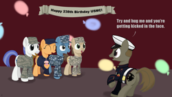 Size: 1920x1080 | Tagged: safe, artist:midwestbrony, imported from derpibooru, pony, air force, army, balloon, birthday, butt, clothes, coast guard, marine, military, navy, plot, ponified, uniform