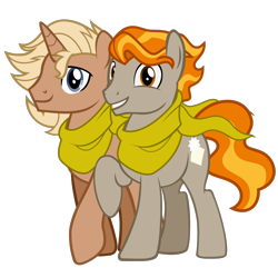 Size: 850x850 | Tagged: safe, imported from derpibooru, oc, oc:cobbler, oc:flash paper, earth pony, pony, unicorn, 2020 community collab, derpibooru community collaboration, .svg available, base used, clothes, duo, looking at you, male, scarf, shared clothing, shared scarf, show accurate, simple background, smiling, stallion, svg, transparent background, vector