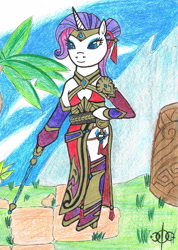 Size: 1140x1601 | Tagged: safe, artist:assertiveshypony, derpibooru exclusive, imported from derpibooru, rarity, semi-anthro, crossover, gun, jungle, lian, lian (paladins), paladins, paladins: champions of the realm, rifle, robes, standing on two hooves, traditional art, weapon