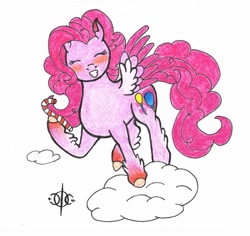 Size: 921x868 | Tagged: safe, artist:assertiveshypony, imported from derpibooru, pinkie pie, pegasus, pony, leak, spoiler:g5, candy, cloud, colored wings, drawing, flying, food, g5, g5 concept leak style, g5 concept leaks, on a cloud, pegasus pinkie pie, pinkie pie (g5 concept leak), pinkie pie (g5), race swap, simple background, smiling, wings