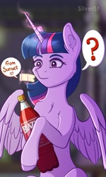 Size: 692x1154 | Tagged: dead source, safe, artist:silverstbrony, artist:tanatos, imported from derpibooru, twilight sparkle, alicorn, pony, alcohol, blazer (drink), bottle, drink, female, glowing horn, horn, magic, mare, note, question mark, solo, telekinesis, twilight sparkle (alicorn)