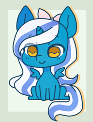 Size: 342x446 | Tagged: safe, artist:thomazkat, imported from derpibooru, oc, oc:fleurbelle, alicorn, adorabelle, adorable face, alicorn oc, bow, chibi, cute, female, hair bow, horn, mare, smiling, yellow eyes