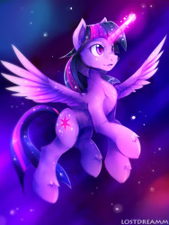 Size: 900x1200 | Tagged: safe, artist:lostdreamm, imported from derpibooru, twilight sparkle, alicorn, pony, female, flying, glowing, glowing horn, hoof fluff, horn, looking forward, open mouth, signature, slim, small wings, solo, space, sternocleidomastoid, thin, twilight sparkle (alicorn), unshorn fetlocks, wings