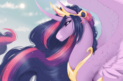 Size: 1280x850 | Tagged: safe, artist:dementra369, imported from derpibooru, twilight sparkle, alicorn, pony, the last problem, crown, digital art, female, jewelry, mare, older, older twilight, princess twilight 2.0, regalia, smiling, solo, twilight sparkle (alicorn)