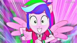 Size: 300x168 | Tagged: safe, imported from derpibooru, rainbow dash, equestria girls, equestria girls series, run to break free, spoiler:eqg series (season 2), colored, female, huge smile, running, smiling, solo, wings