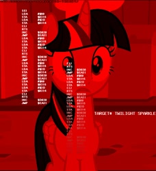 Size: 546x600 | Tagged: safe, imported from derpibooru, twilight sparkle, alicorn, pony, assembly language, skynet, terminator, time travel, twilight sparkle (alicorn)
