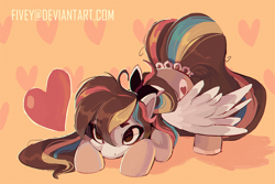 Size: 1200x802 | Tagged: safe, artist:fivey, imported from derpibooru, oc, oc only, pony, bow, face down ass up, female, hair bow, heart, heart eyes, mare, pegasus oc, ponytail, solo, spread wings, wingding eyes, wings