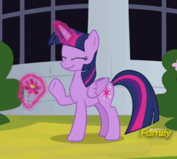 Size: 373x334 | Tagged: safe, imported from derpibooru, screencap, twilight sparkle, alicorn, pony, sparkle's seven, animated, cropped, cute, discovery family logo, female, flower, gif, levitation, magic, smiling, solo, telekinesis, twiabetes, twilight sparkle (alicorn), waving