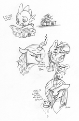 Size: 1920x2920 | Tagged: safe, artist:dilarus, deleted from derpibooru, imported from derpibooru, queen chrysalis, spike, twilight sparkle, alicorn, changeling, changeling queen, dragon, pony, coffee mug, comic, dialogue, female, floppy ears, magic, male, mare, mug, newspaper, simple background, sketch, spit take, telekinesis, traditional art, twilight sparkle (alicorn), vulgar, white background