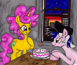 Size: 1165x991 | Tagged: safe, artist:newyorkx3, imported from derpibooru, oc, oc only, oc:karen, oc:mikey, earth pony, pony, unicorn, cake, candle, cap, city, female, food, hat, husband and wife, kakey, male, night, smiling, table, traditional art, window