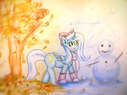 Size: 1920x1440 | Tagged: safe, artist:stardust0130, imported from derpibooru, oc, oc only, oc:fleurbelle, alicorn, pony, alicorn oc, bow, clothes, female, hair bow, horn, leaf, leaves, leg warmers, mare, scarf, snow, snowman, solo, tree