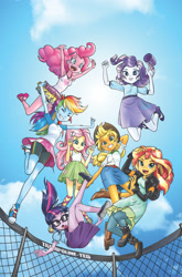 Size: 1186x1800 | Tagged: safe, artist:pencils, idw, imported from derpibooru, applejack, fluttershy, pinkie pie, rainbow dash, rarity, sci-twi, sunset shimmer, twilight sparkle, equestria girls, spoiler:comic, armpits, boots, clothes, cloud, comic cover, compression shorts, converse, cowboy hat, cute, denim skirt, dress, freckles, glasses, hat, high heels, humane five, humane seven, humane six, jumping, leather, leather boots, march radness, miniskirt, pleated skirt, ponytail, ribbon sandals, shoes, shorts, skirt, sky, sneakers, stetson, sun, tanktop, trampoline