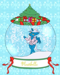 Size: 800x1000 | Tagged: safe, artist:pastichepanic, imported from derpibooru, oc, oc:fleurbelle, alicorn, anthro, alicorn oc, bells, bow, clothes, coat, female, hair bow, horn, mare, present, ribbon, snow globe, tree, walking