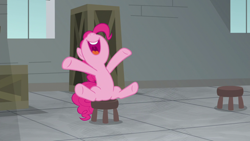 Size: 1920x1080 | Tagged: safe, imported from derpibooru, screencap, pinkie pie, earth pony, pony, the last laugh, female, mare, mawshot, nose in the air, open mouth, sitting, solo, stool, uvula, volumetric mouth