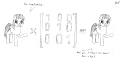 Size: 1000x500 | Tagged: safe, artist:quint-t-w, imported from derpibooru, twilight sparkle, pony, unicorn, dialogue, linear algebra, looking at you, math, math joke, matrix (mathematics), old art, pencil drawing, sketch, traditional art, transformation, unicorn twilight