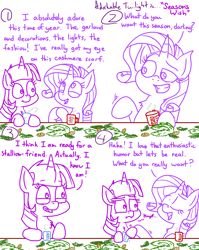Size: 4779x6013 | Tagged: safe, artist:adorkabletwilightandfriends, imported from derpibooru, rarity, twilight sparkle, alicorn, pony, unicorn, comic:adorkable twilight and friends, adorkable, adorkable twilight, christmas, comic, confidence, confident, conversation, cute, dork, drink, friends, friendship, garland, hearth's warming, holiday, insult, insulted, mug, pinecone, raribitch, relationship, romance, self confidence, slice of life, twilight sparkle (alicorn), unintentional