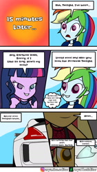 Size: 1080x1920 | Tagged: safe, artist:aryatheeditor, imported from derpibooru, rainbow dash, sci-twi, sunset shimmer, twilight sparkle, comic:behind of blue eye, comic:mlp daily life, equestria girls, car, clothes, comic, dark, digital art, geode of empathy, geode of super speed, geode of telekinesis, magical geodes, nissan, powerful sparkle, shirt, shocked, shocked expression, sleeveless, smiling, straight hair, t-shirt, vehicle