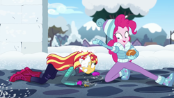 Size: 1280x720 | Tagged: safe, imported from derpibooru, screencap, pinkie pie, sunset shimmer, equestria girls, equestria girls series, holidays unwrapped, spoiler:eqg series (season 2), boots, clothes, duo, duo female, female, key, keychain, ramekin, saving pinkie's pie, shoes, snow, snow fort, snowball, snowball fight, souffle, winter outfit