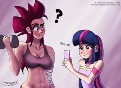 Size: 4096x2978 | Tagged: safe, artist:ringteam, imported from derpibooru, tempest shadow, twilight sparkle, human, belly button, blushing, breasts, busty tempest shadow, eyes on the prize, female, humanized, lesbian, photo, question mark, shipping, tempestlight, weight lifting