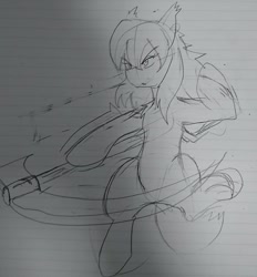 Size: 1080x1163 | Tagged: safe, artist:omegapony16, imported from derpibooru, oc, oc only, oc:oriponi, bat pony, pony, axe, bat pony oc, battle axe, bipedal, lineart, lined paper, sketch, solo, traditional art, weapon