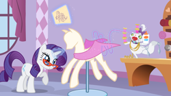 Size: 2880x1618 | Tagged: safe, imported from derpibooru, screencap, opalescence, rarity, cat, pony, unicorn, suited for success, balancing, cloth, duo, female, glasses, glue bottle, magic, magic aura, mannequin, mare, measuring tape, needle, ponyquin, rarity's glasses, scissors, spool, standing, standing on one leg, telekinesis, thread