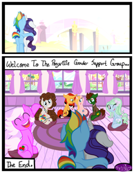 Size: 3500x4500 | Tagged: safe, artist:becauseimpink, imported from derpibooru, rainbow dash, rarity, pegasus, pony, unicorn, comic:transition, comic, elusive, gender headcanon, headcanon, laughing, lgbt, rainbow blitz, side hug, sitting, smiling, sweet dreams fuel, trans boy, trans male, trans stallion, trans stallion rainbow dash, trans stallion rarity, transgender