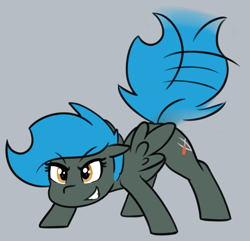 Size: 845x815 | Tagged: safe, artist:whatsapokemon, imported from derpibooru, oc, oc only, oc:jade shine, pegasus, pony, female, filly, gray background, shaking, simple background, smiling, smirk, solo