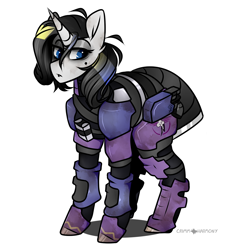 Size: 1050x1050 | Tagged: safe, artist:crimmharmony, imported from derpibooru, oc, oc only, oc:shadow spade, pony, unicorn, fallout equestria, fallout equestria: kingpin, armor, beauty mark, black eyeshadow, blank, blank of rarity, blue eyes, commissioner:genki, dead eyes, dirty, eyeshadow, gun, handgun, horn, justice mare, lawbringer, makeup, ministry of awesome, moa stealth armor, not rarity, pistol, power armor, simple background, solo, tail armor, unicorn oc, weapon, white background