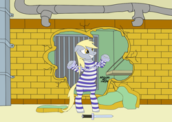 Size: 1123x794 | Tagged: safe, artist:amaguq, derpibooru exclusive, imported from derpibooru, derpy hooves, pegasus, pony, broken wall, clothes, cody travers, crossover, cuffs, female, final fight, handcuffed, knife, prison cell, prison outfit, prison stripes, solo, street fighter, street fighter alpha 3, street fighter zero 3, vector