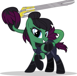 Size: 1280x1263 | Tagged: safe, artist:mlp-trailgrazer, imported from derpibooru, oc, oc only, pony, clothes, cosplay, costume, female, gamora, mare, marvel, prehensile tail, solo, sword, tail hold, weapon